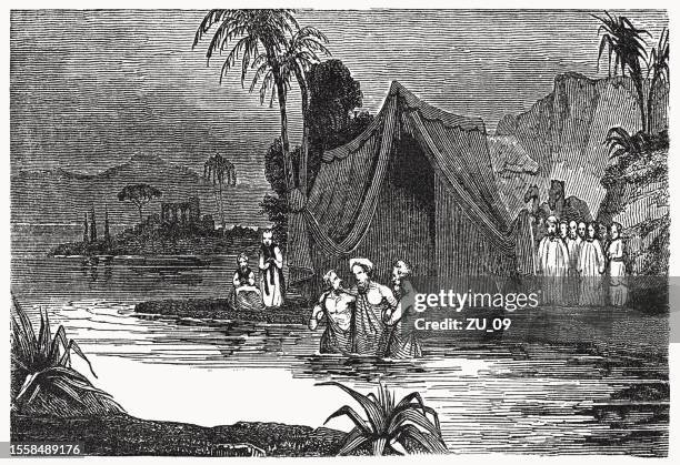 ilustraciones, imágenes clip art, dibujos animados e iconos de stock de eliseo sana a naamán (2 reyes 5), grabado en madera, publicado en 1835 - leprosy