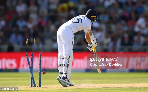 Joe Root of England is bowled by Josh Hazlewood of Australia during Day Two of the LV= Insurance Ashes 4th Test Match between England and Australia...