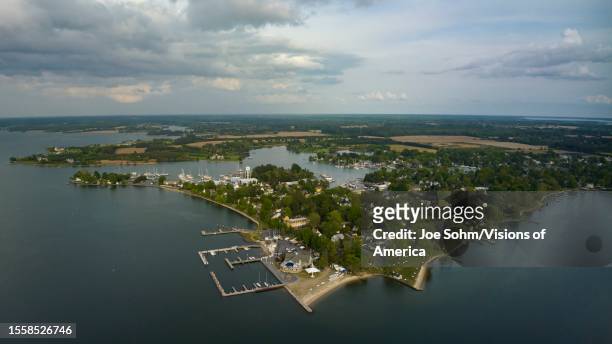 Aerial view of small Chesapeake Bay fishing town, Oxford, Maryland.