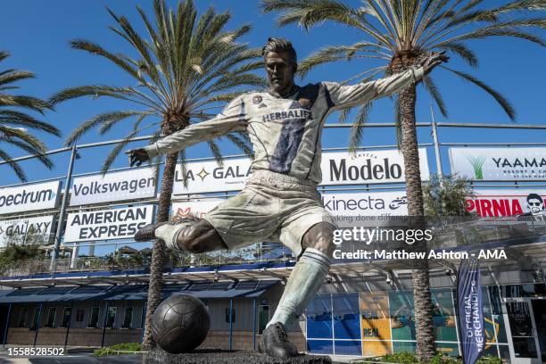 General view of David Beckham statue at the Dignity Health Sports Park the home stadium of LA Galaxy during the Pre-Season Friendly match between...