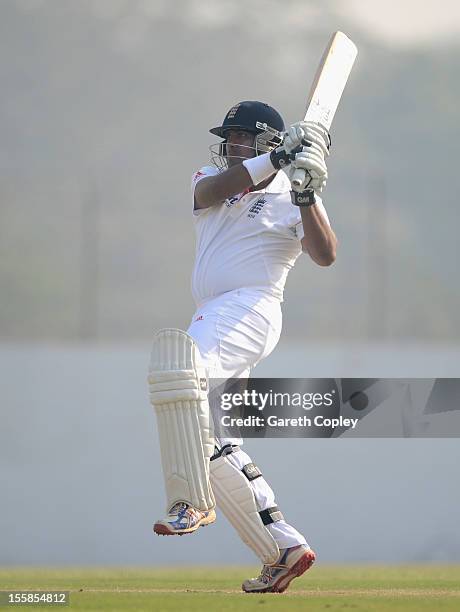 Samit Patel of England bats during day two of the tour match between England and Haryana at Sardar Patel Stadium ground B on November 9, 2012 in...