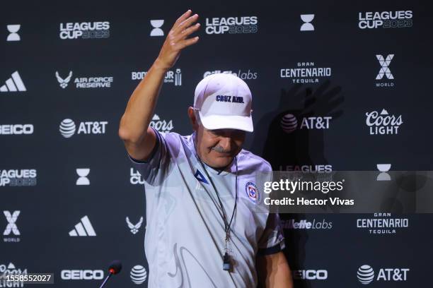 Ricardo Ferretti, coach of Cruz Azul gestures during a Cruz Azul press conference at Broward Center for Performing Arts on July 20, 2023 in Fort...