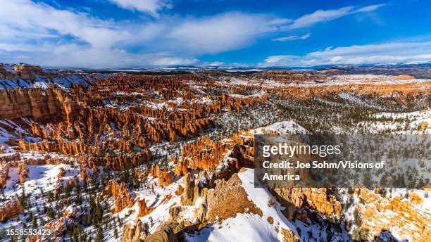 Snow covers Red Rock mountains of Bryce National Park, Utah.