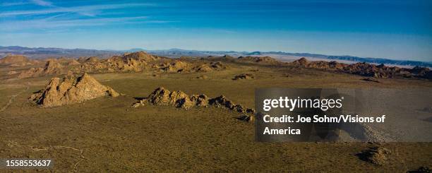 Aerial view of mountain rocks near Keys Ranch, Joshua Tree National Park, California.