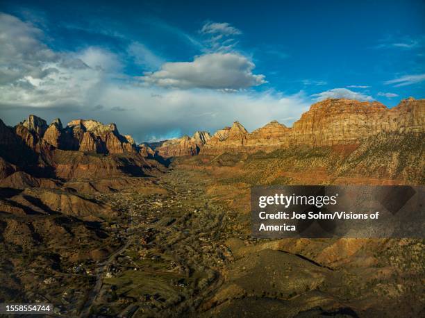 Aerial drone view of Zion National park, Springdale, Utah.