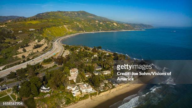 Aerial view of California coast line near Carpenteria off Route 101 Pacific Coast Highway.
