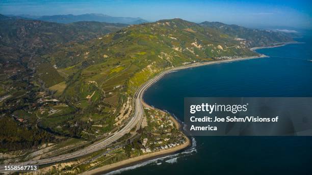 Aerial view of California coast line near Carpenteria off Route 101 Pacific Coast Highway.