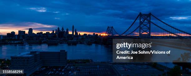 Sunset view of Ben Franklin Bridge and Philadelphia skyline as seen from Camden, New Jersey.