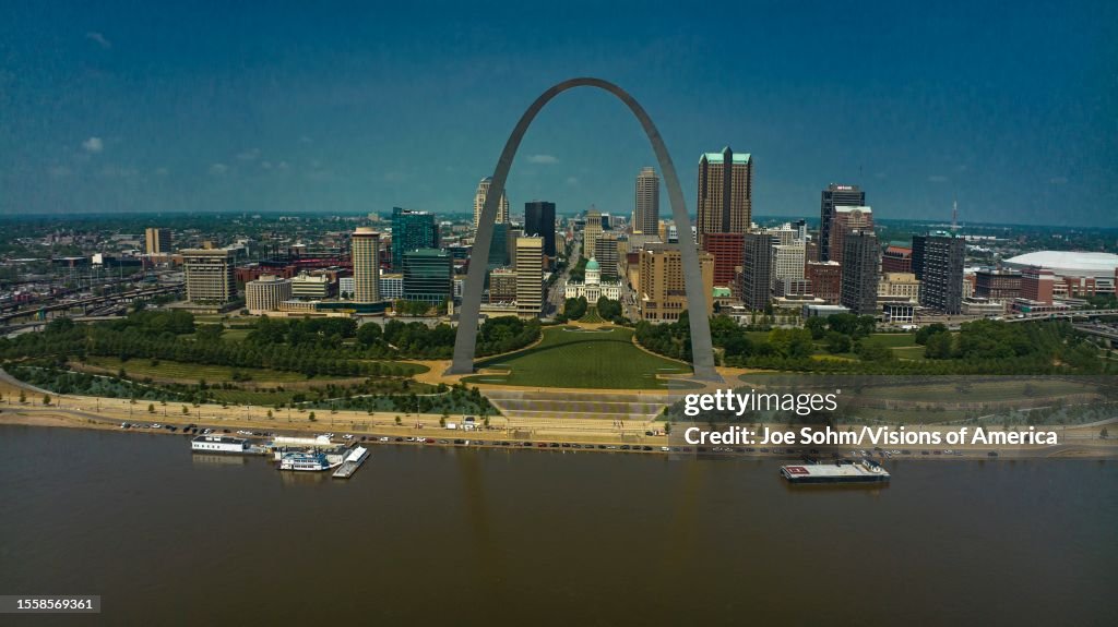 Aerial view of City of St. Louis skyline with Gateway Arch and Mississippi River, Missouri