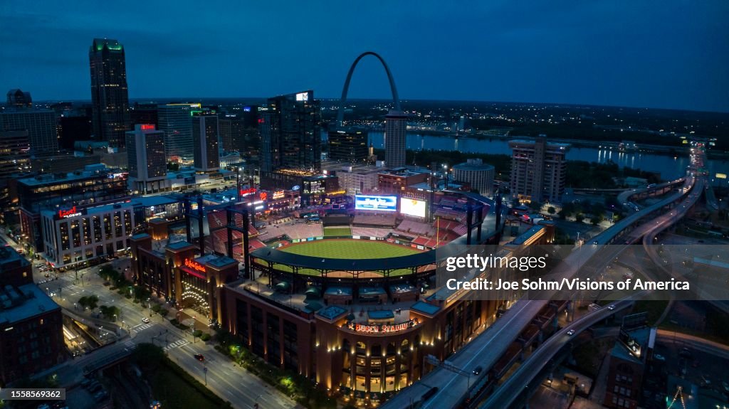 Busch Stadium and City of St. Louis skyline with Gateway Arch and Mississippi River, Missouri