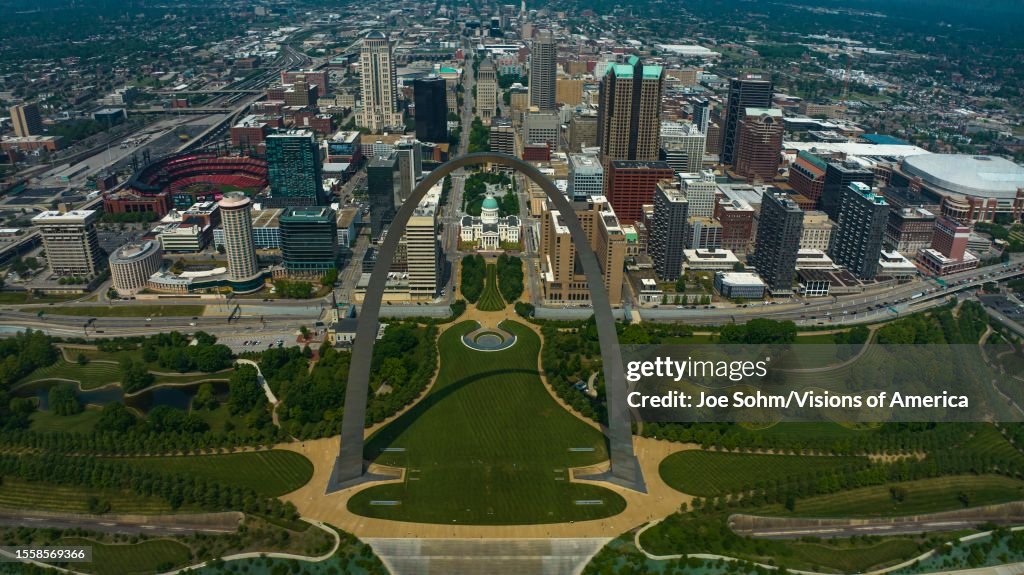 Aerial view of City of St. Louis skyline with Gateway Arch and Mississippi River, Missouri