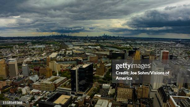 Aerial view of Newark, New Jersey with New York City in background.