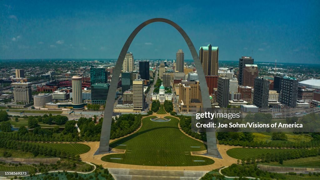 Aerial view of City of St. Louis skyline with Gateway Arch and Mississippi River, Missouri