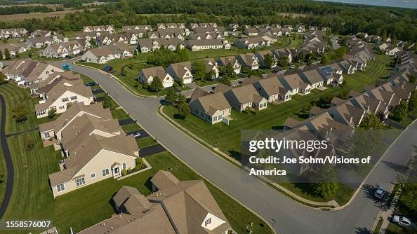Modern row houses in suburbs of Delaware seen from elevated view, Maryland Modern row houses in suburbs of Delaware seen from elevated view, Maryland