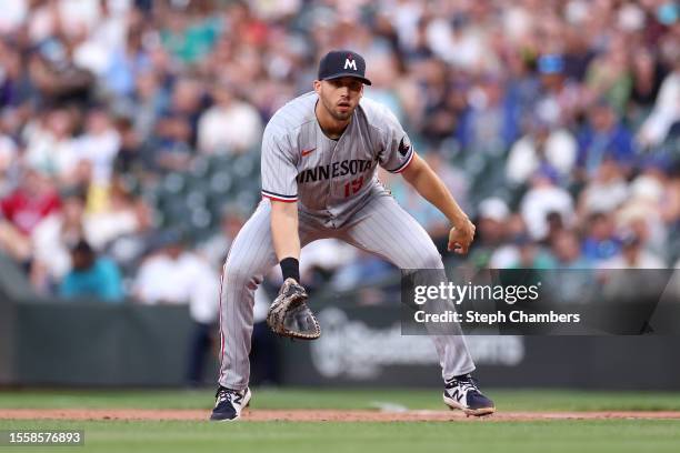 Alex Kirilloff of the Minnesota Twins prepares for a play against the Seattle Mariners at T-Mobile Park on July 19, 2023 in Seattle, Washington.