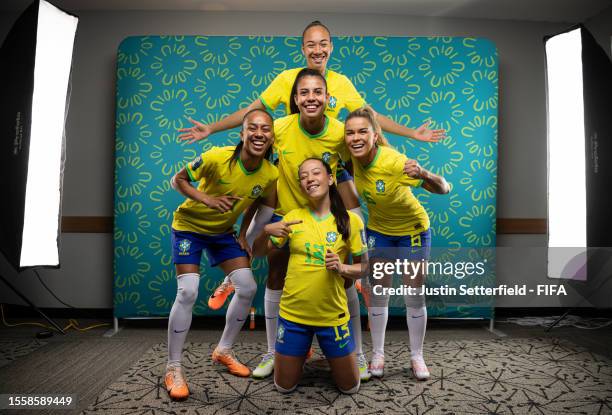 Adriana, Aline Gomes, Lauren, Bruninha and Tamires of Brazil pose for a portrait during the official FIFA Women's World Cup Australia & New Zealand...