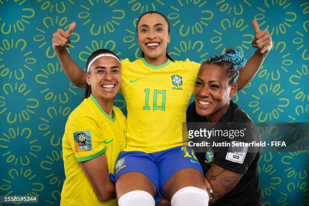 Andressa and Marta and Barbara of Brazil poses for a portrait during the official FIFA Women's World Cup Australia & New Zealand 2023 portrait...