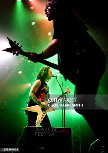 Leadsinger Matt Heafey of the US trashmetal band Trivium performs on the first day of the Roskilde Festival, 30 kms west of Copenhagen, 29 June 2006....