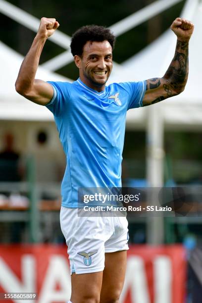 Felipe Anderson of SS Lazio celebrates a third goal during the friendly match between SS Lazio v Primorje at the Rodolfo Zandegiacomo stadium on July...