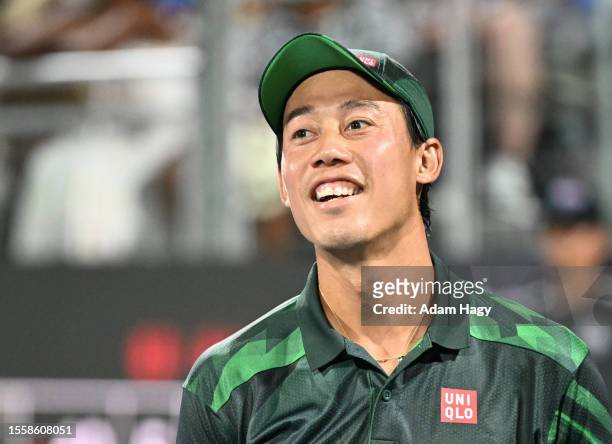 Kei Nishikori of Japan reacts after a shot against Juncheng Shang during the second round of the ATP Atlanta Open at Atlantic Station on July 27,...