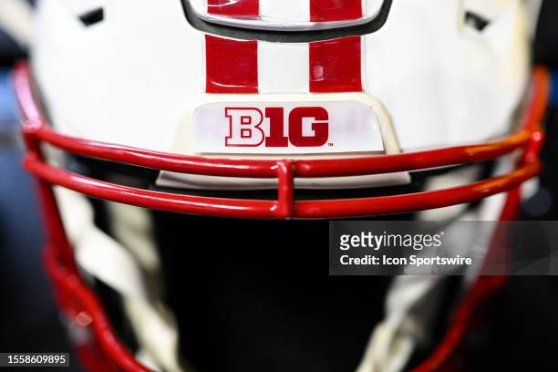 Wisconsin Badgers football helmet with the Big Ten logo sits on a case during the Big Ten Conference Media Days on July 27, 2023 at Lucas Oil Stadium...