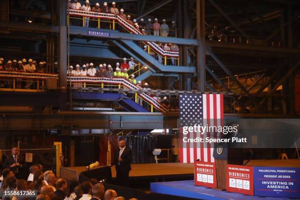 President Joe Biden speaks on renewable energy at the Philly Shipyard on July 20, 2023 in Philadelphia, Pennsylvania. Biden attended a ribbon cutting...