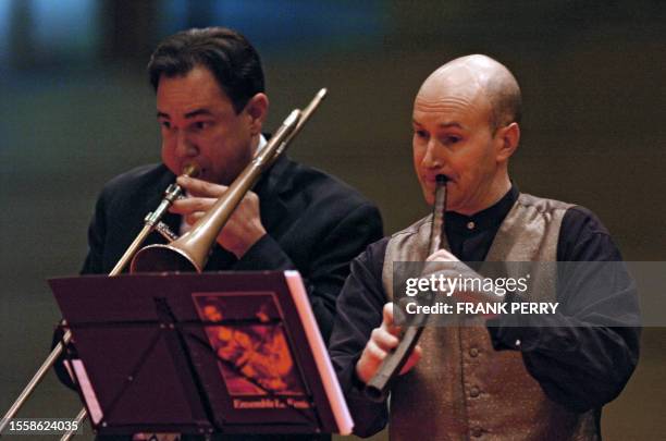 Jean Tubery plays "cornet a bouquin", a wind instrument from the XVIIth century, 27 January 2006 in Nantes, during a rehearsal with his orchestra "La...