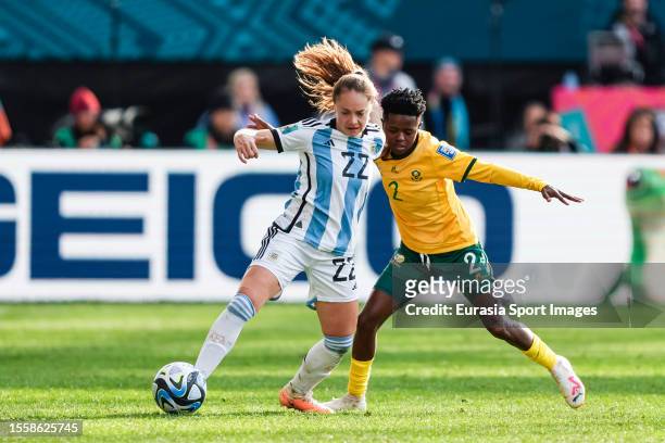 Estefania Banini of Argentina plays against Lebohang Ramalepe of South Africa during the FIFA Women's World Cup Australia & New Zealand 2023 Group G...