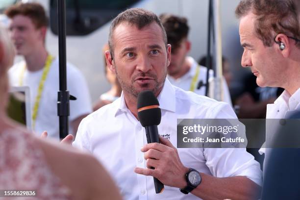 Thomas Voeckler attends France TV show 'Velo Club' following stage eighteen of the 110th Tour de France 2023, a 184.9km stage from Moutiers to...