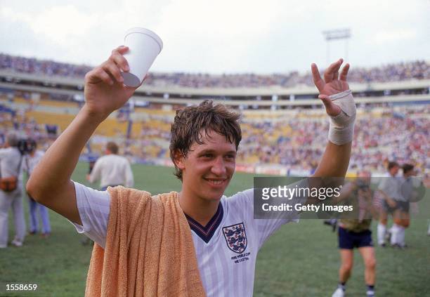 Gary Lineker of England celebrates his hat-trick following the 3-0 win over Poland in the World Cup played in Monterrey, Mexico. \ Photo by Michael...