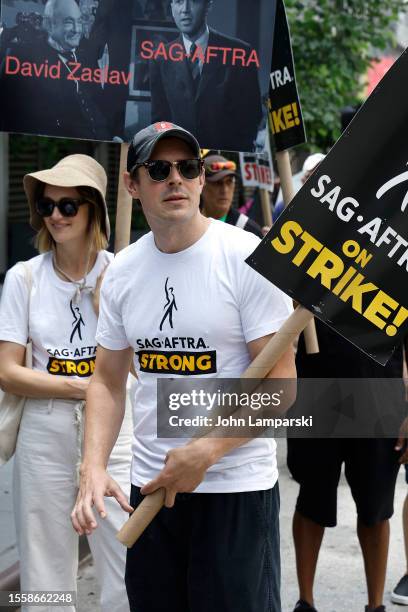 Chris Lowell joins SAG-AFTRA members and supporters on the picket line in front of Amazon/HBO at 450 W 33 street as the SAG-AFTRA Actors Union strike...