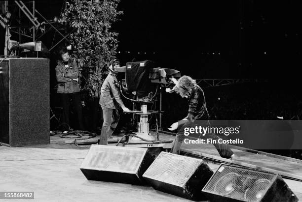 Guitarist Ritchie Blackmore performing for a TV camera during Deep Purple's performance at the California Jam rock festival, Ontario Motor Speedway,...