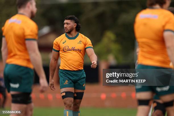 Australia's Rob Leota attends a training session at Brighton Grammar School in Melbourne on July 28 ahead of the Rugby Championship and 2023...