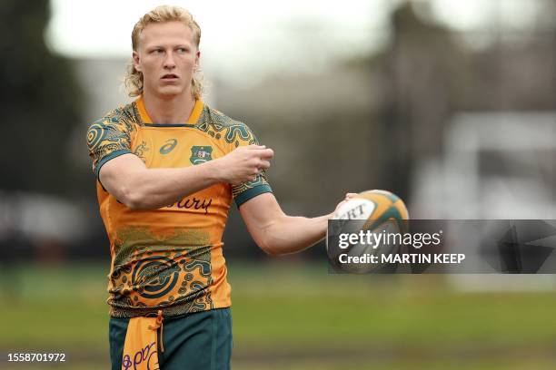 Australia's Carter Gordon attends a training session at Brighton Grammar School in Melbourne on July 28 ahead of the Rugby Championship and 2023...