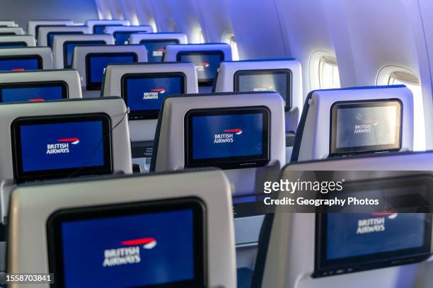 Details of TV screens on seat backs of British Airways plane.