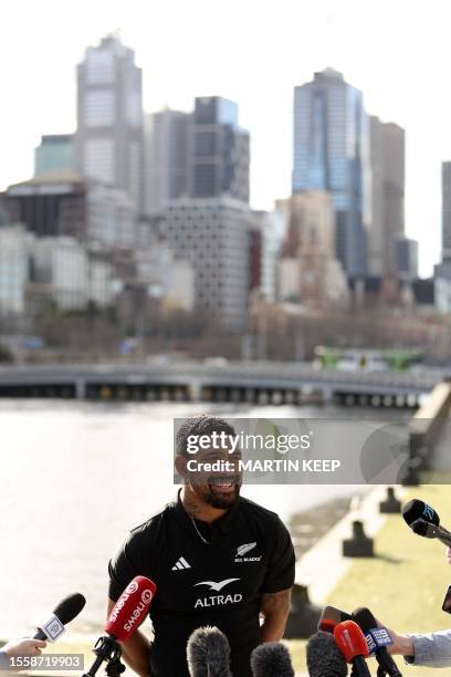 New Zealand's Captain Ardie Savea talks to the media during a press conference in Melbourne on July 28 ahead of the Rugby Championship and 2023...