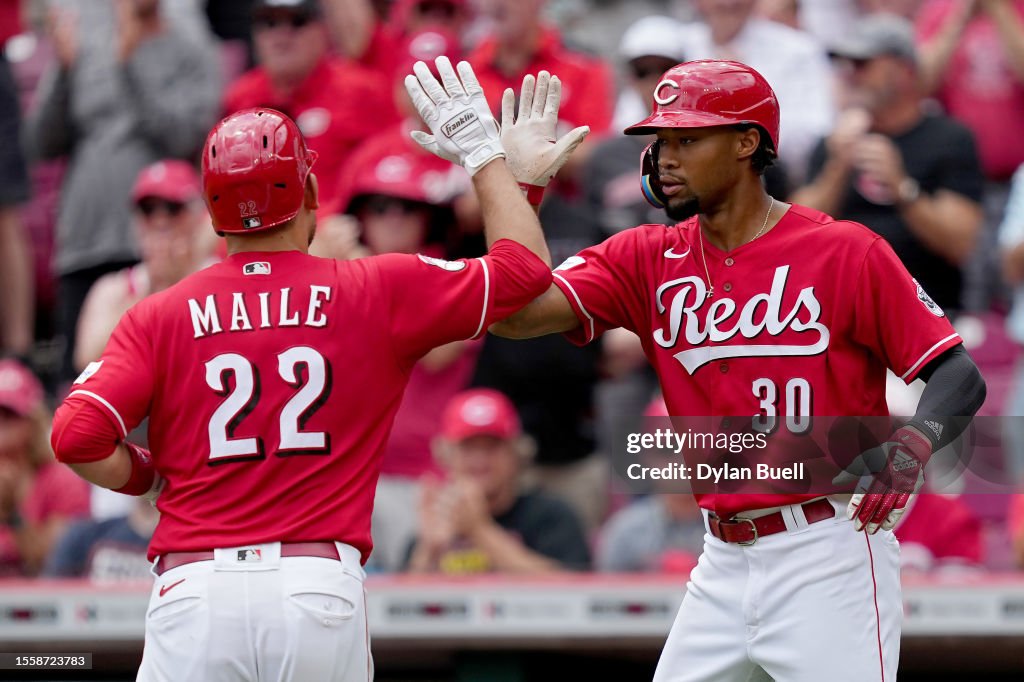 Luke Maile and Will Benson of the Cincinnati Reds celebrate after Luke Maile and Will Benson of the Cincinnati Reds celebrate after