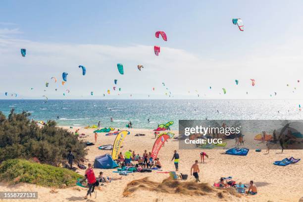 Windsurfers at Valdevaqueros Beach, Punta Paloma, Tarifa, Costa de la Luz, Cadiz Province, Andalusia, southern Spain.