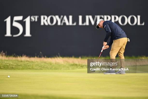 Emiliano Grillo of Argentina putts on the 18th green during Day One of The 151st Open at Royal Liverpool Golf Club on July 20, 2023 in Hoylake,...
