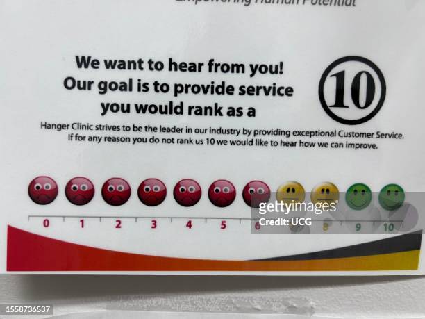 Customer satisfaction survey ranking sign, Hanger Clinic, Manhattan, New York.
