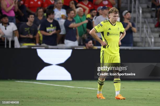 Nashville SC forward Jacob Shaffelburg during a Leagues Cup match between Nashville SC and Toluca, July 27, 2023 at GEODIS Park in Nashville,...