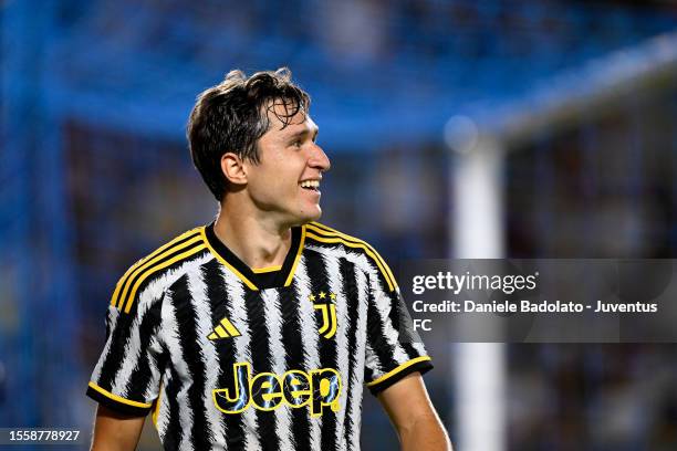 Federico Chiesa of Juventus looks on during the pre-season friendly match against AC Milan at Dignity Health Sports Park on July 27, 2023 in Carson,...