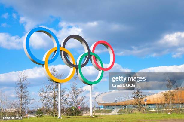 Olympic Rings and Lee Valley VeloPark at the Queen Elizabeth Olympic Park in Stratford in east London.