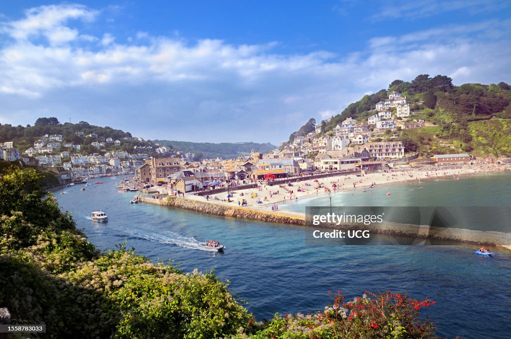 Looe, Cornwall. River Looe and East Looe beach in summer.