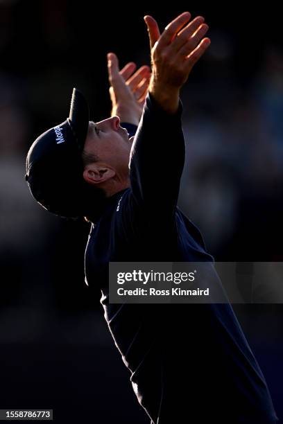Justin Rose of England reacts to his missed birdie putt on the 17th green on Day One of The 151st Open at Royal Liverpool Golf Club on July 20, 2023...