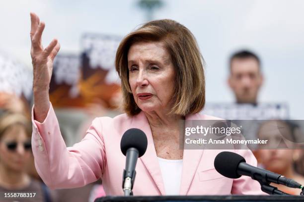 Rep. Nancy Pelosi speaks at a press conference on the reintroduction of the Freedom to Vote Act, outside the U.S. Capitol Building on July 20, 2023...