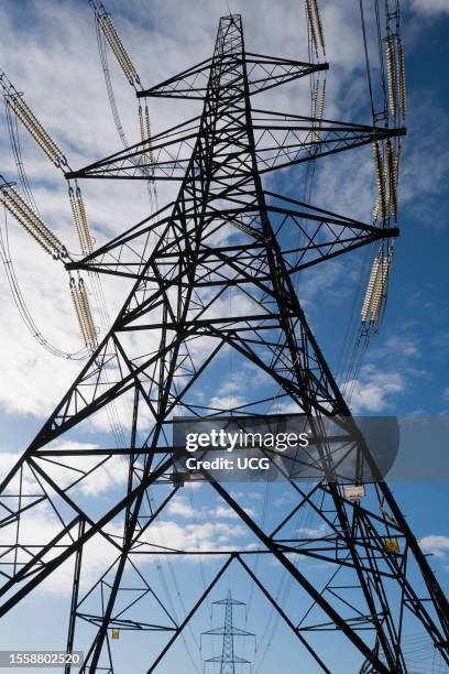 Giant pylon in a field in Kennington Village, spring morning.