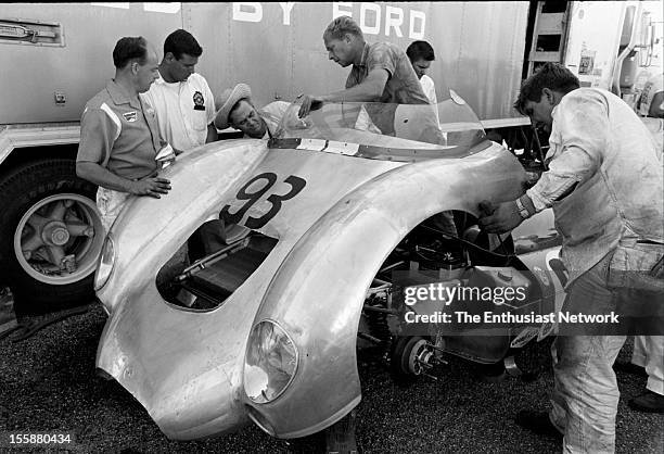 Riverside Grand Prix. Shelby crews put on a new front end body panel on Bob Bondurants Cooper King Cobra.