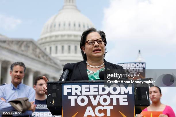 Rep. Jennifer McClellan speaks a press conference on the reintroduction of the Freedom to Vote Act, outside the U.S. Capitol Building on July 20,...