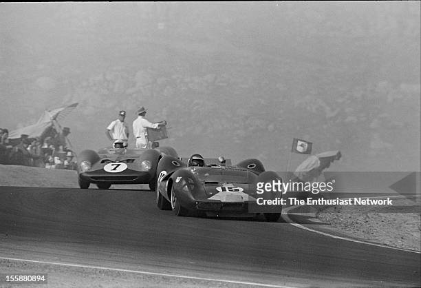 Times Grand Prix - Riverside. Third place finisher Jim Clark in his Lotus 30 leads Hugh Dibley in a Brabham BT8. Dibley drives for legendary Stirling...
